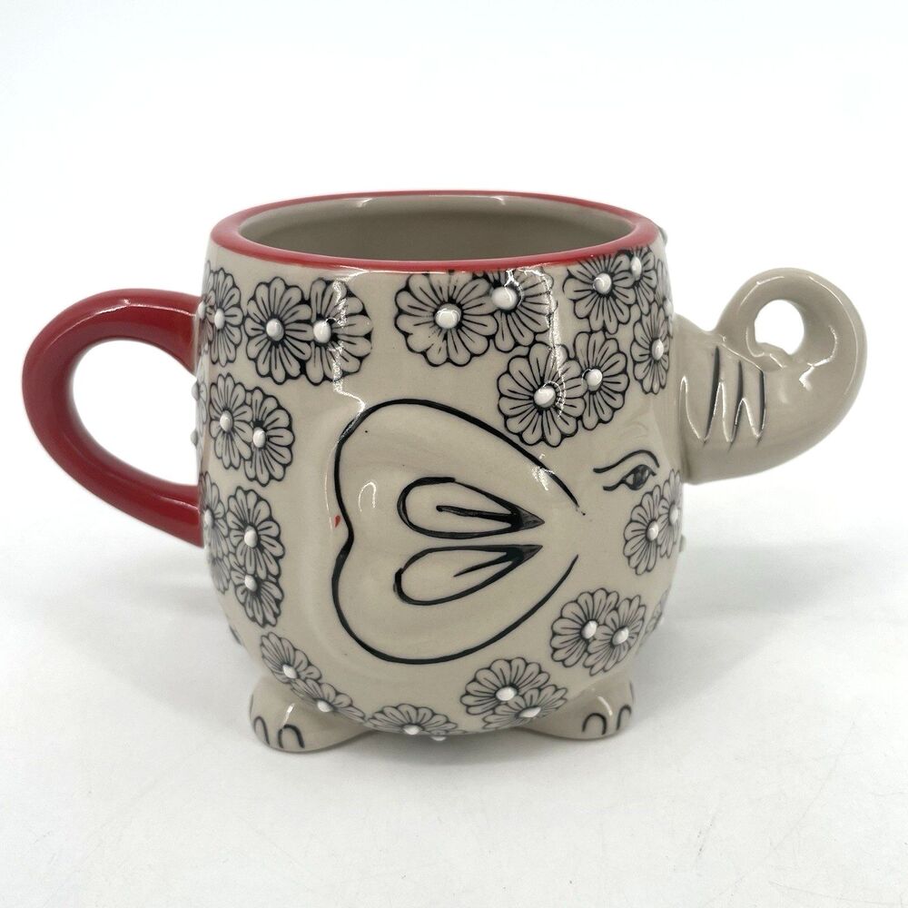 Yokohama Studio 3D Elephant Mug Japan Cup 20oz Handpainted Floral Trunk Up Whims
